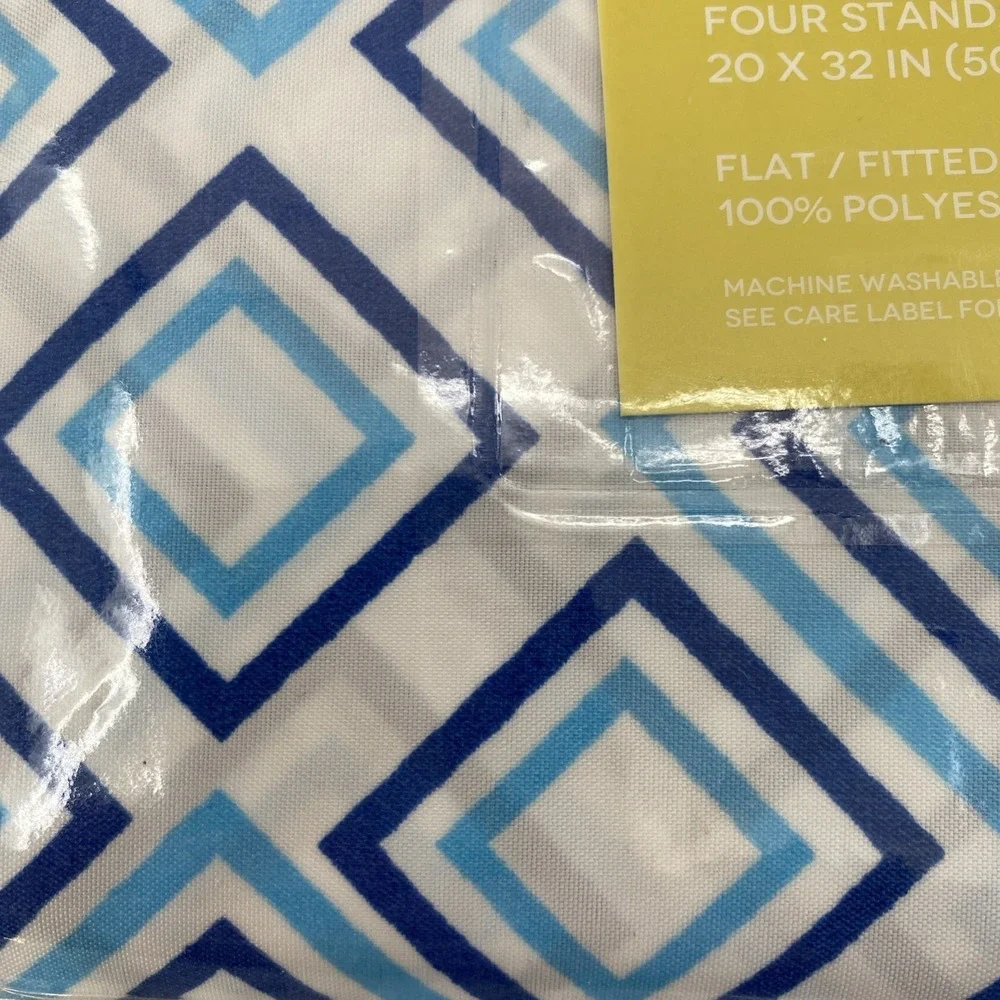 Trina Turk Sheet Set FULL White Blue Sonia Geo Diamond Geometric Colorful Modern